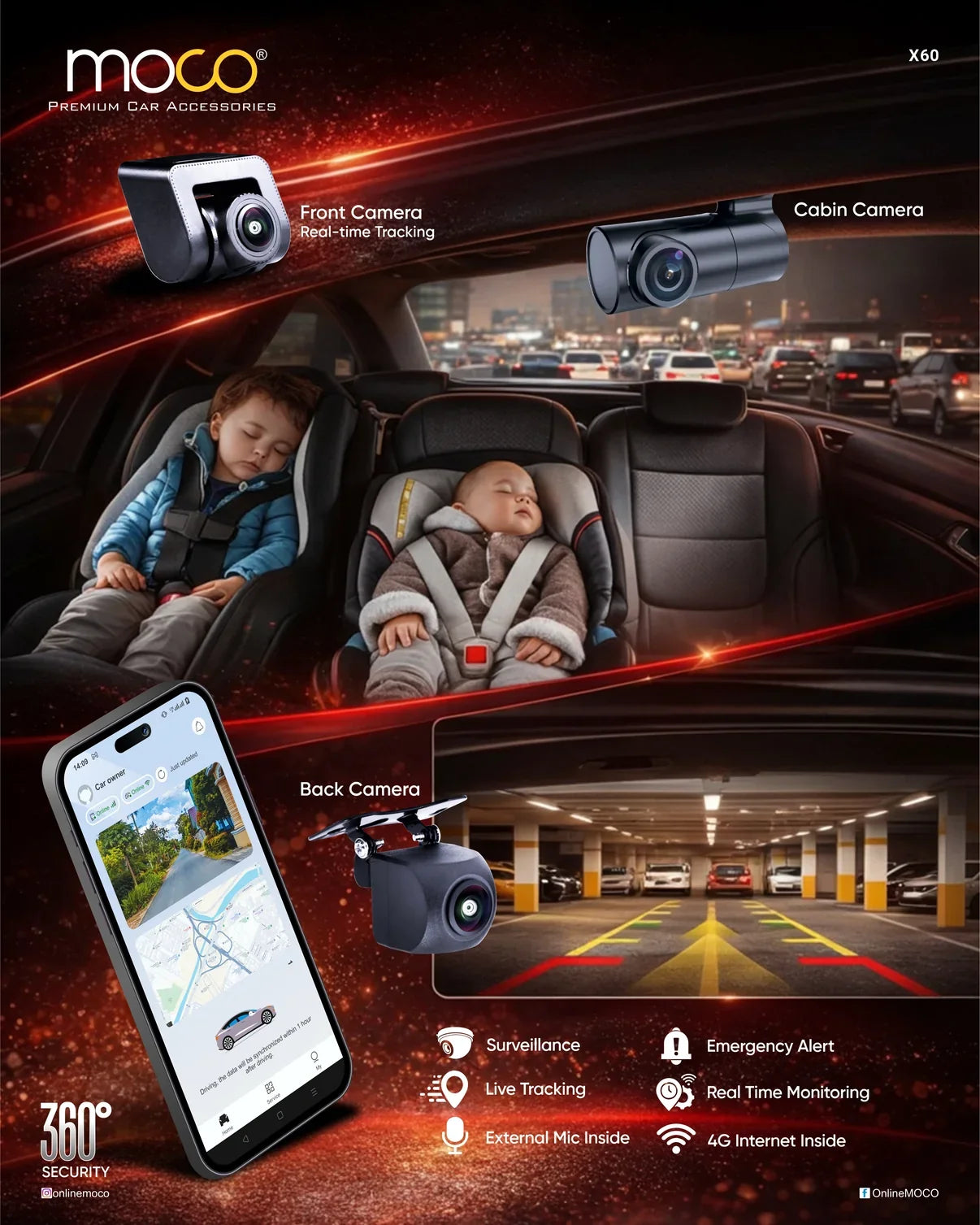 MOCO X60 9-Inch Android Car Stereo | 6GB RAM + 128GB ROM | 4G SIM Support | Wireless CarPlay & Android Auto | 3-Way Camera DVR Recording