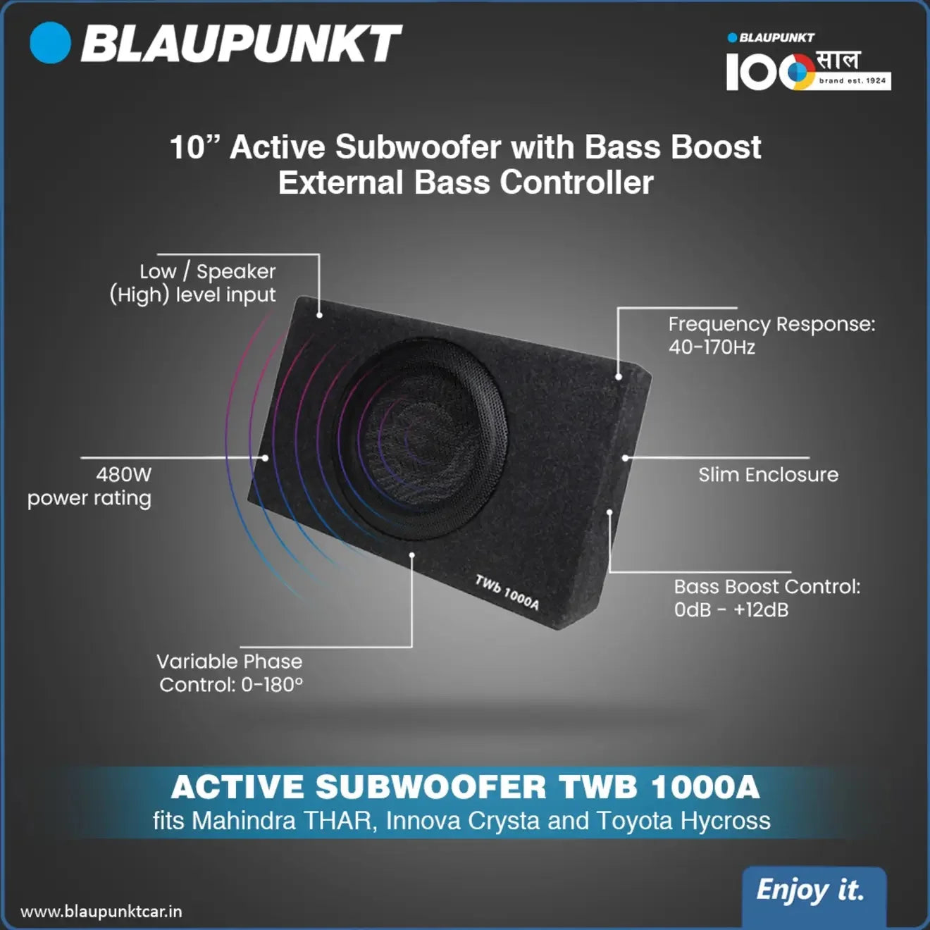 Blaupunkt TWB 1000A 10-Inch Class D Active Bassbox | 120W RMS | 480W Peak | External Bass Controller