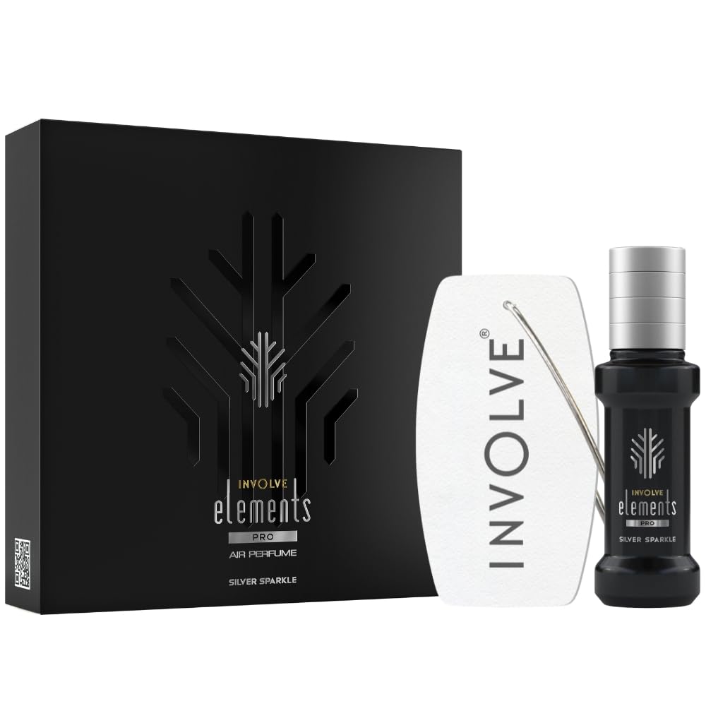 Involve Elements Pro Silver Sparkle 30ml car perfume spray with hanging card offering premium long lasting fragrance and 200+ sprays for car interior freshness