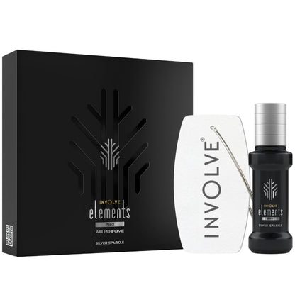 Involve Elements Pro Silver Sparkle 30ml car perfume spray with hanging card offering premium long lasting fragrance and 200+ sprays for car interior freshness