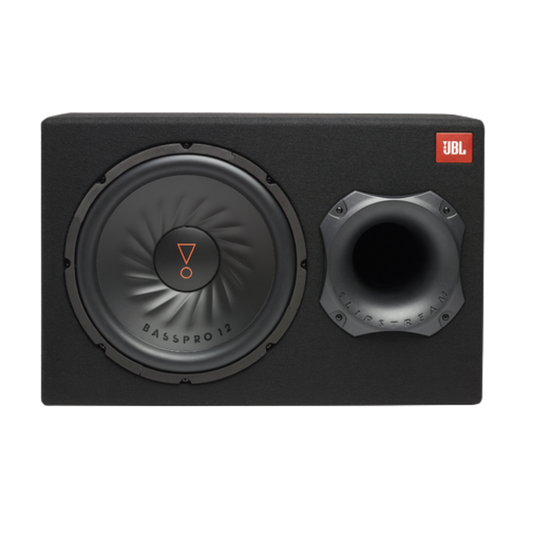 JBL BassPro 12 12 inch powered active subwoofer with ported enclosure delivering deep bass and remote control for premium car audio experience