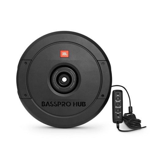 JBL BassPro Hub 11 inch active spare tire subwoofer delivering 200W RMS deep bass with remote control fiberglass cone and compact wheel mounted design