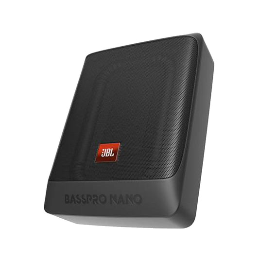 JBL BassPro Nano ultra compact active underseat subwoofer delivering 100W RMS deep bass with space saving design for enhanced car audio performance