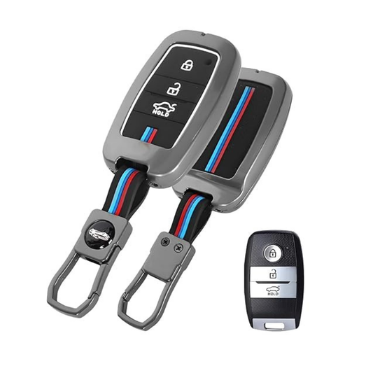 Premium Zinc Alloy Key Cover for Kia Sonet, Carens, Seltos, 3-Button Smart Key, 360° Protection with Inner Silicone