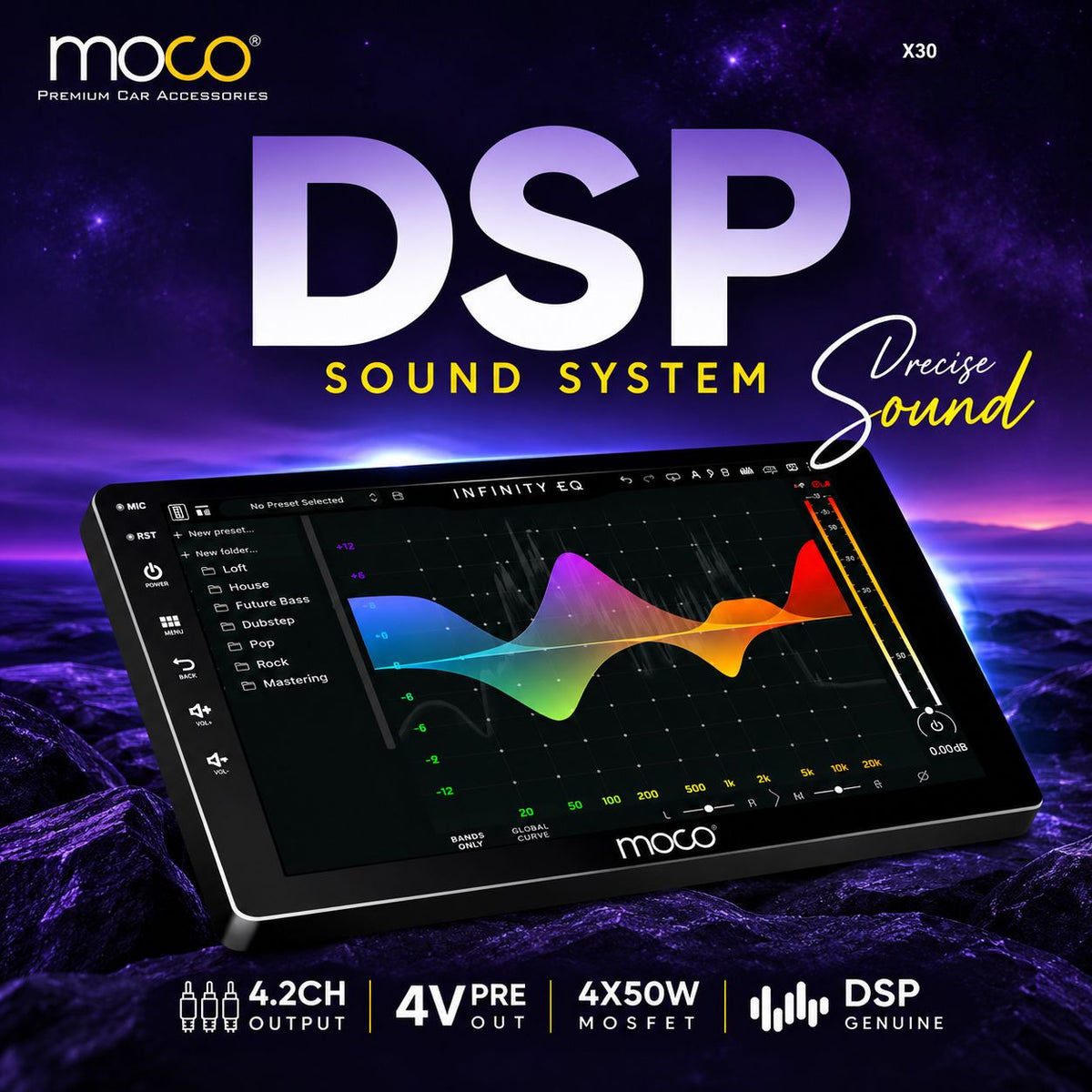 Moco X30 9-Inch Android Car Stereo | 4GB RAM + 64GB ROM | MediaTek Helio 2.0GHz | DSP | 4 × 50W | CarPlay & Android Auto | 360° Support | Bluetooth, Wi-Fi & GPS