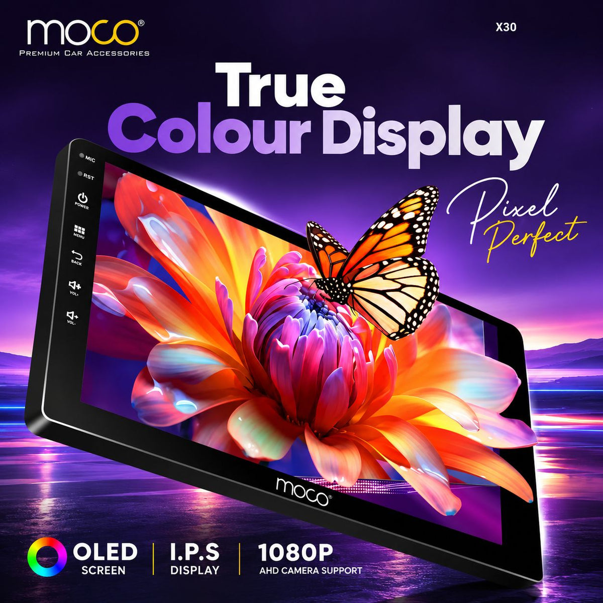 Moco X30 9-Inch Android Car Stereo | 4GB RAM + 64GB ROM | MediaTek Helio 2.0GHz | DSP | 4 × 50W | CarPlay & Android Auto | 360° Support | Bluetooth, Wi-Fi & GPS