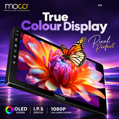 Moco X30 9-Inch Android Car Stereo | 4GB RAM + 64GB ROM | MediaTek Helio 2.0GHz | DSP | 4 × 50W | CarPlay & Android Auto | 360° Support | Bluetooth, Wi-Fi & GPS