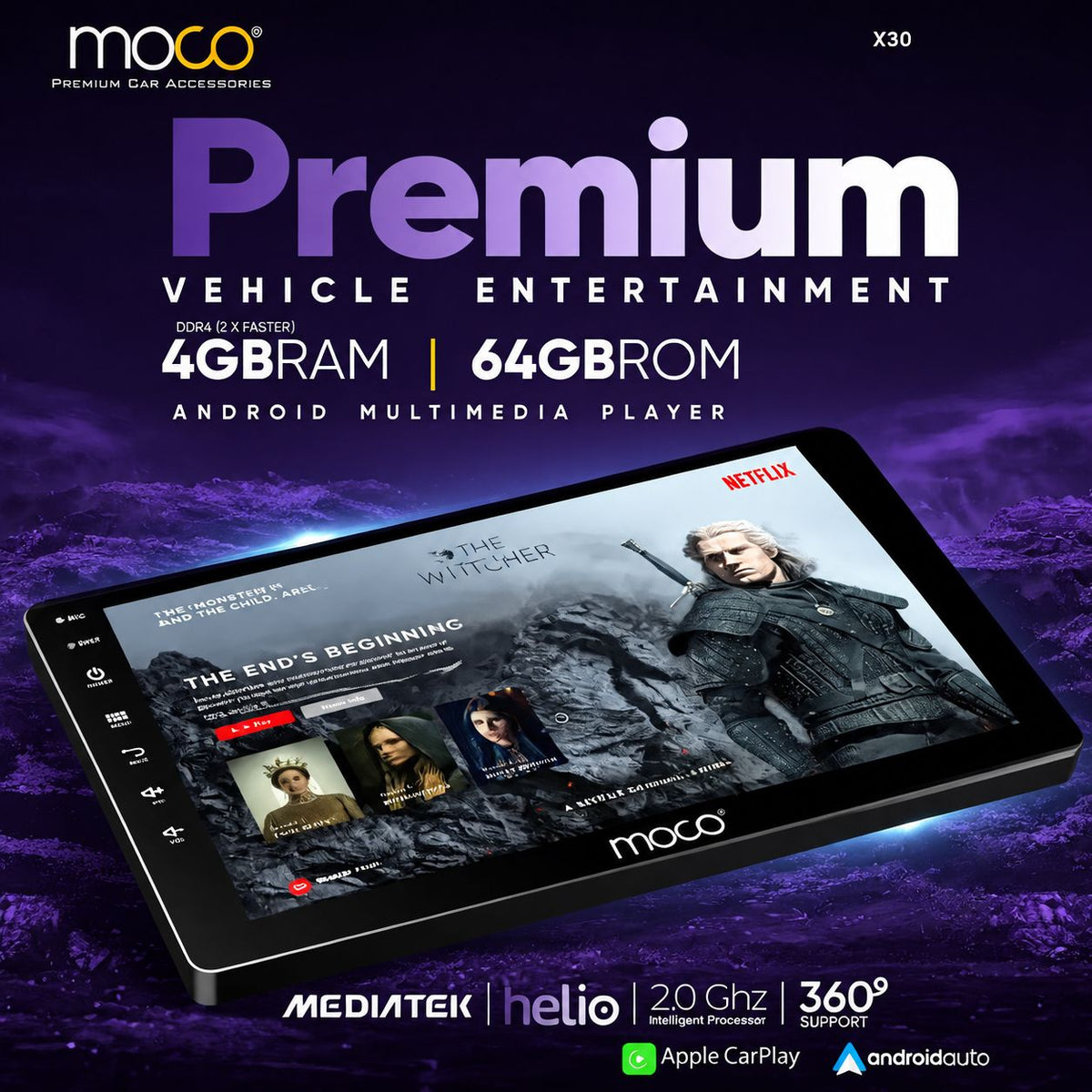 Moco X30 9-Inch Android Car Stereo | 4GB RAM + 64GB ROM | MediaTek Helio 2.0GHz | DSP | 4 × 50W | CarPlay & Android Auto | 360° Support | Bluetooth, Wi-Fi & GPS