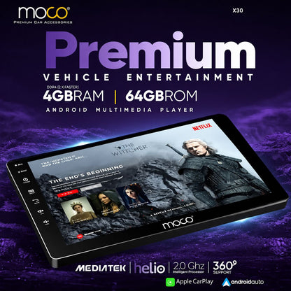 Moco X30 9-Inch Android Car Stereo | 4GB RAM + 64GB ROM | MediaTek Helio 2.0GHz | DSP | 4 × 50W | CarPlay & Android Auto | 360° Support | Bluetooth, Wi-Fi & GPS
