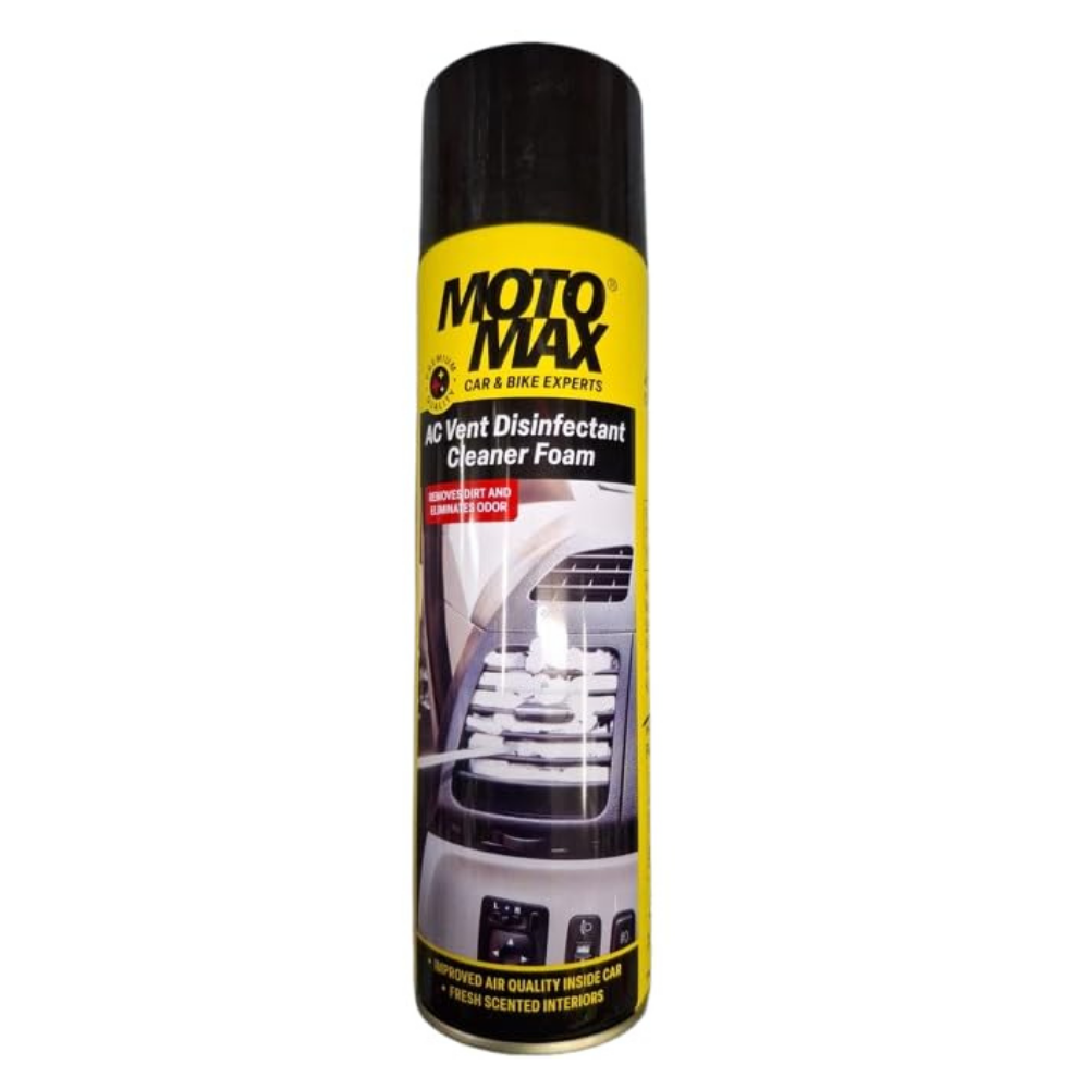 Motomax AC vent disinfectant cleaner foam 450ml used for cleaning car and bike air vents removing odor germs and freshening interior air circulation system