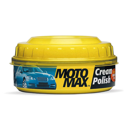 Motomax bike and car cream polish 230gm with carnauba wax and sponge applicator used for polishing and protecting car and bike surfaces with glossy finish