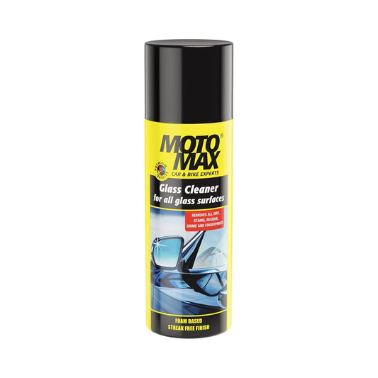 Motomax glass cleaner 200ml used for cleaning car windshields windows mirrors headlights and bike glass surfaces providing sparkling streak-free shine