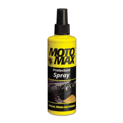Motomax protectant spray 200ml used for restoring and protecting car bike and scooter surfaces including vinyl plastic leather dashboard rubber and tyres with long lasting shine