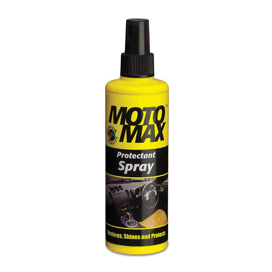 Motomax protectant spray 200ml used for restoring and protecting car bike and scooter surfaces including vinyl plastic leather dashboard rubber and tyres with long lasting shine