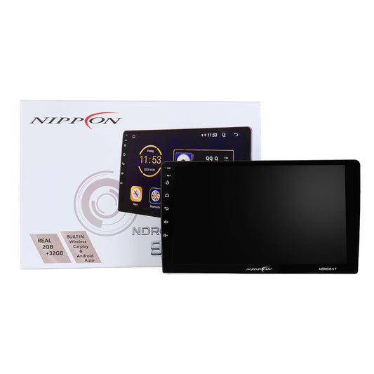 Nippon NDROID 9T 9-inch Car Media Player with QLED Display, 2GB RAM, 32GB ROM, and Wireless Apple CarPlay.