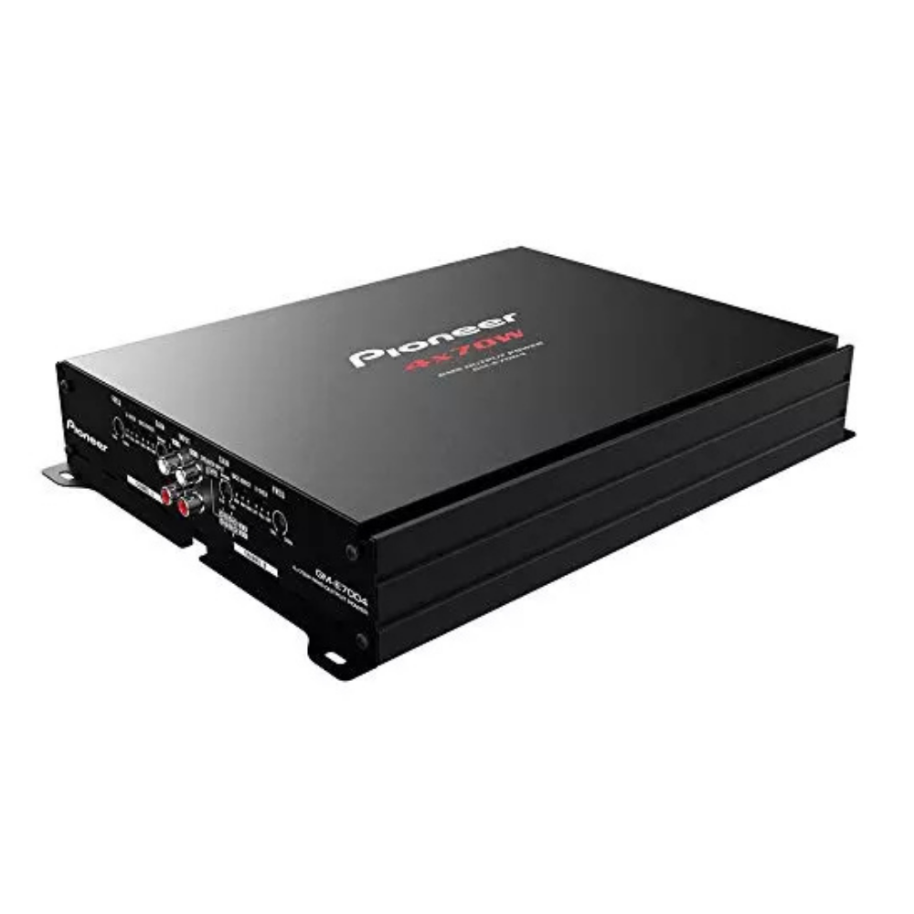 Pioneer GM-E7004 4-Channel Bridgeable Car Amplifier with Bass Boost and Adjustable Low/High Pass Filters.