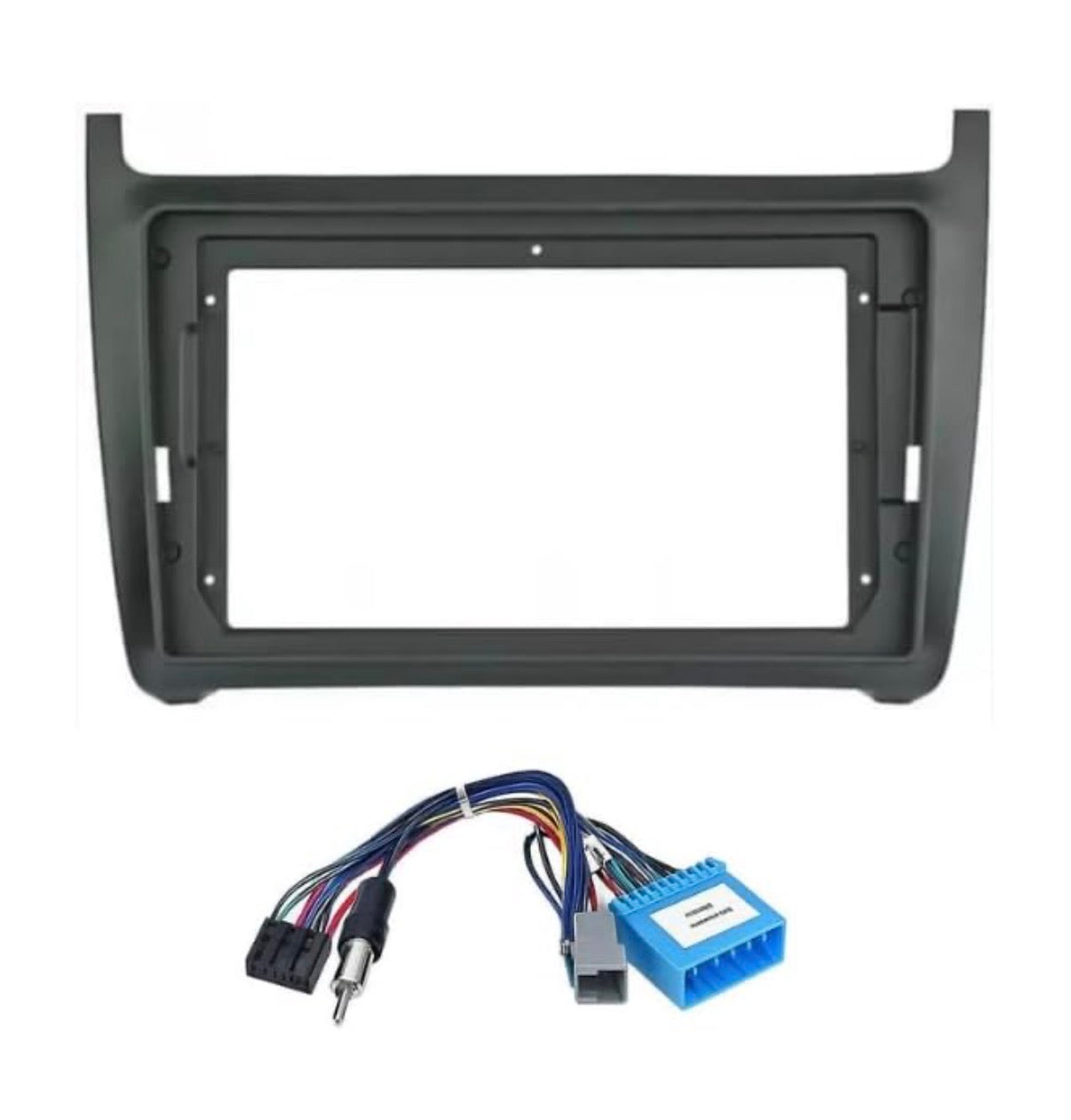 Premium black ABS Android head unit frame for Volkswagen Polo, compatible with 9 and 10.1-inch screens with plug-and-play harness.