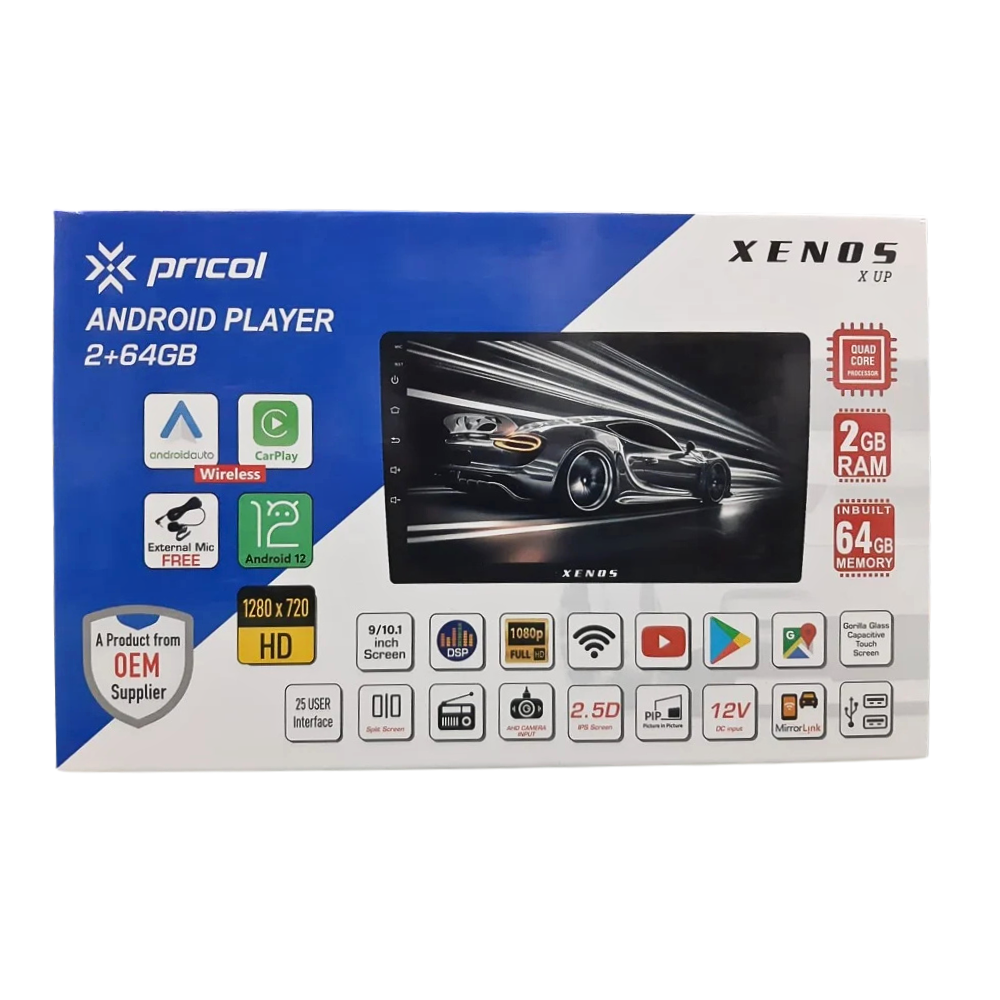 Pricol Xenos 9 inch Android 12 car player with 2GB RAM 64GB ROM and IPS Gorilla Glass display