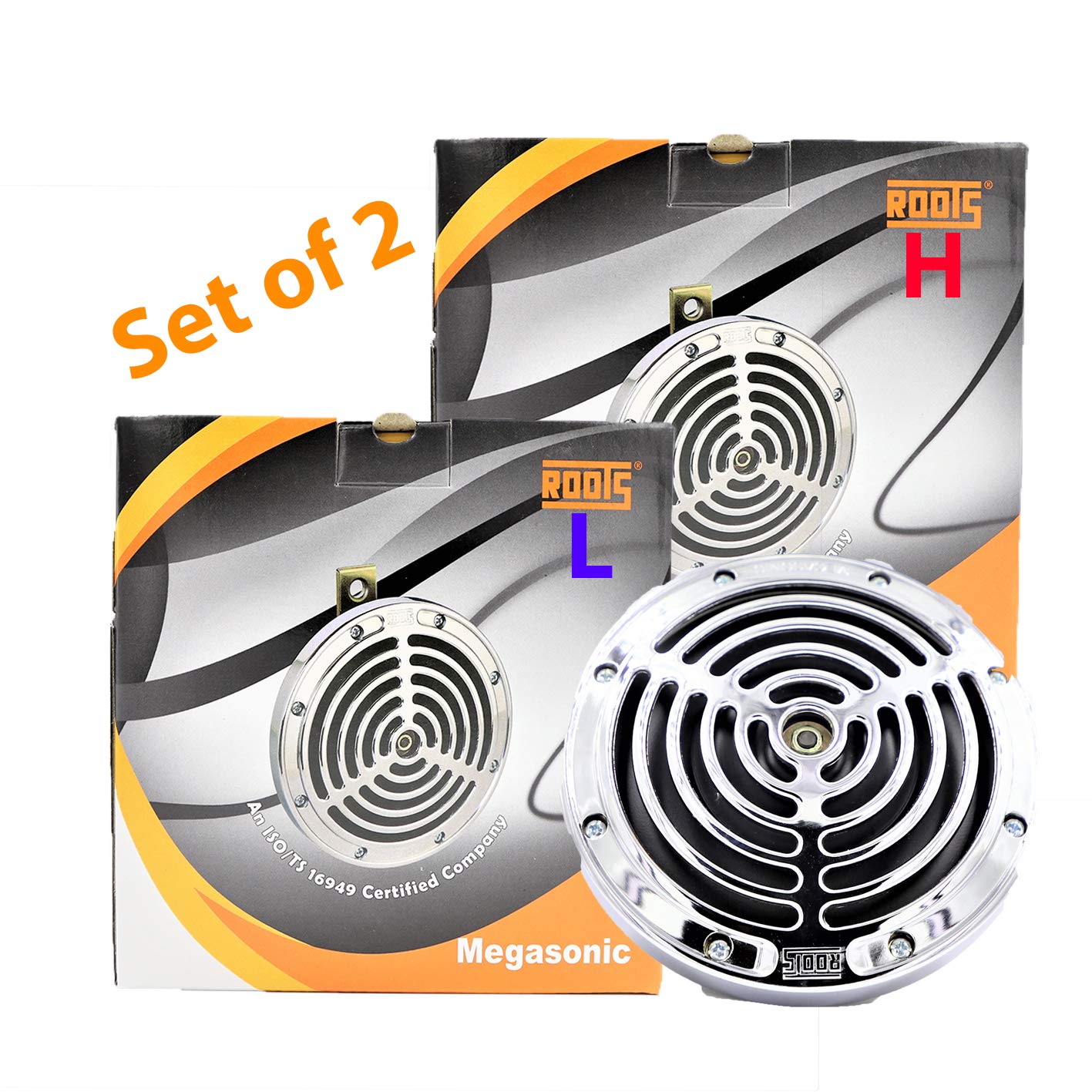 Roots Megasonic high and low tone horn 12V for passenger cars delivering loud and clear dual tone sound with durable construction