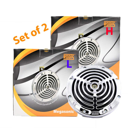 Roots Megasonic high and low tone horn 12V for passenger cars delivering loud and clear dual tone sound with durable construction