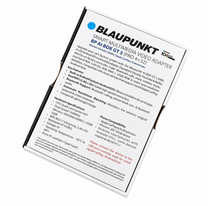 Blaupunkt BP AI Box GT 5 (Pro 4+32) Smart Multimedia Video Adapter | Wireless CarPlay & Android Auto | Android 12