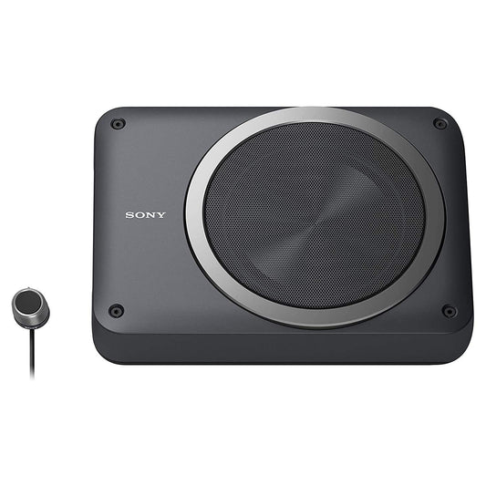 Sony XS-AW8 8 inch active underseat subwoofer delivering 75W RMS and 160W peak power with ultra sleek design and deep bass for car audio systems
