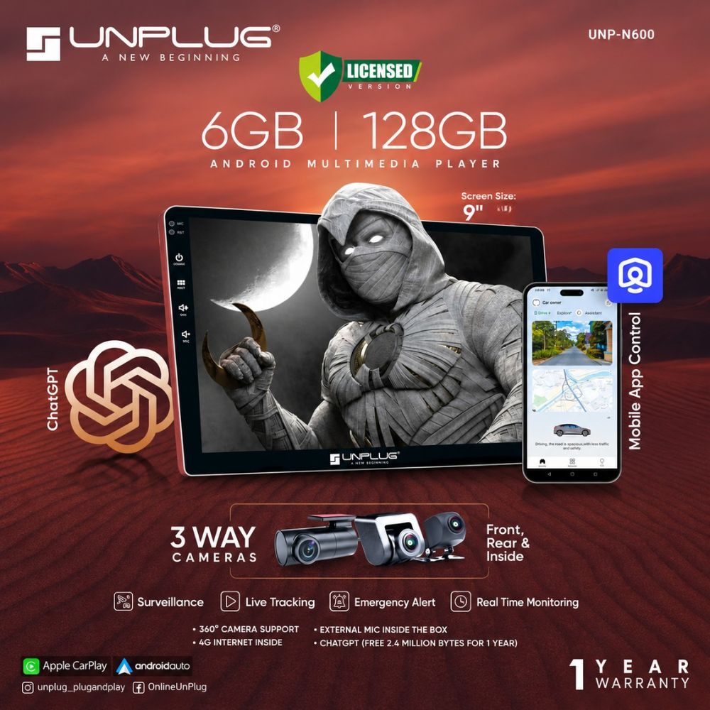Unplug UNP-N600 Android Multimedia Player | 9" screen | 6GB RAM + 128GB Storage | Wireless CarPlay & Android Auto | 360° Camera Support | Genuine DSP | 4G | GPS | 200W Output | 1 Year Warranty