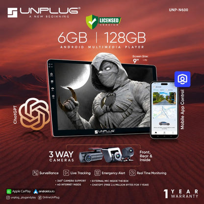Unplug UNP-N600 Android Multimedia Player | 9" screen | 6GB RAM + 128GB Storage | Wireless CarPlay & Android Auto | 360° Camera Support | Genuine DSP | 4G | GPS | 200W Output | 1 Year Warranty