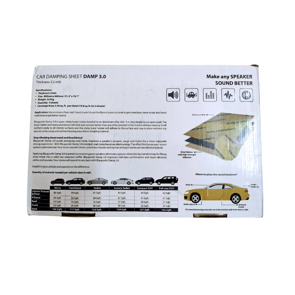 Blaupunkt Damp 3.0 Car Damping Sheets (Set of 5) |  Reduces Road Noise & Vibrations