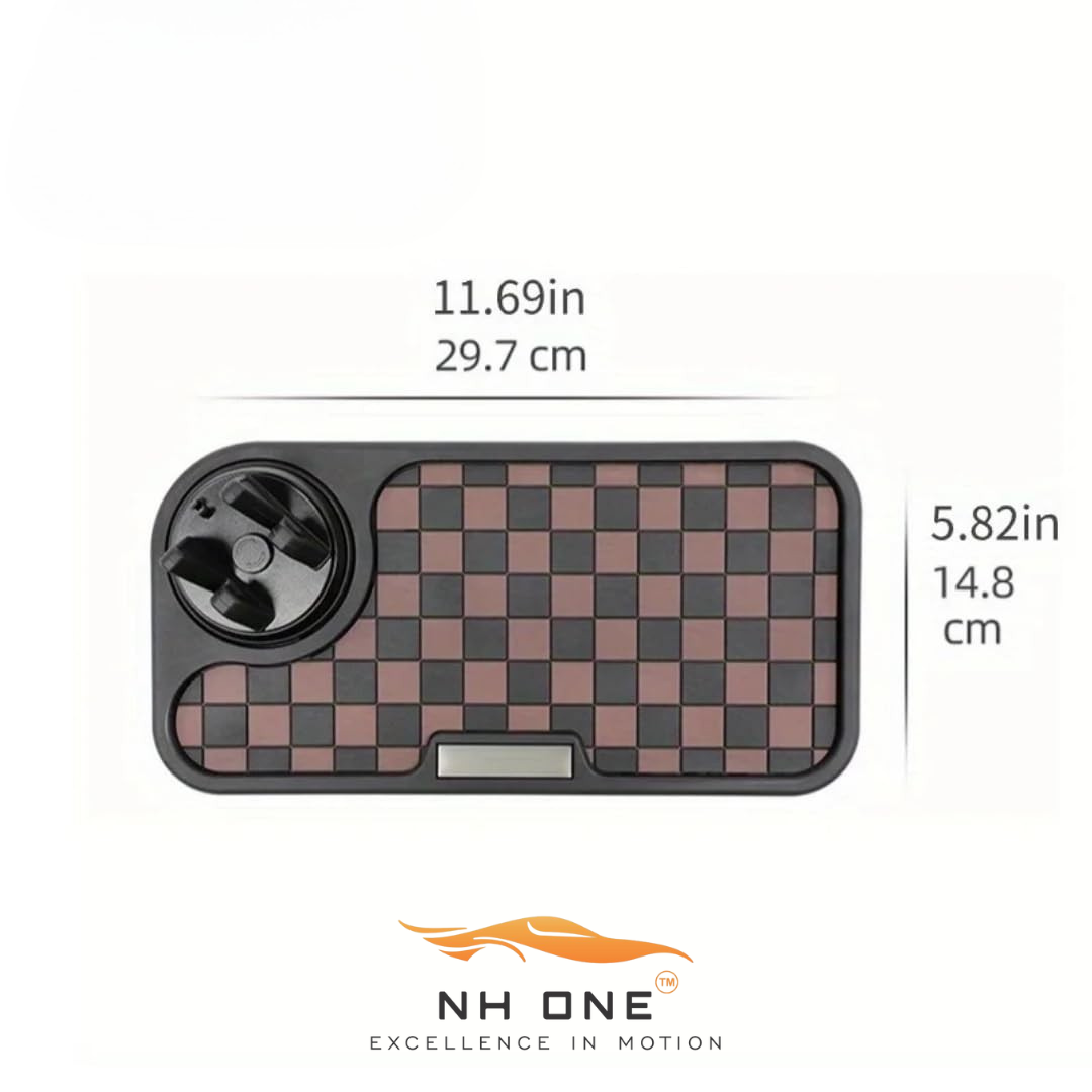 Car Dashboard Non-Slip Mat, Universal Rubber Pad with Phone Holder, Checkerboard Design - (Black/Grey)