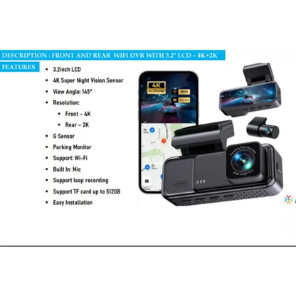 Pricol Front & Rear Wi-Fi DVR Dash Cam | 3.2" LCD Display | Ultra HD 4K + 2K Recording | Wi-Fi App