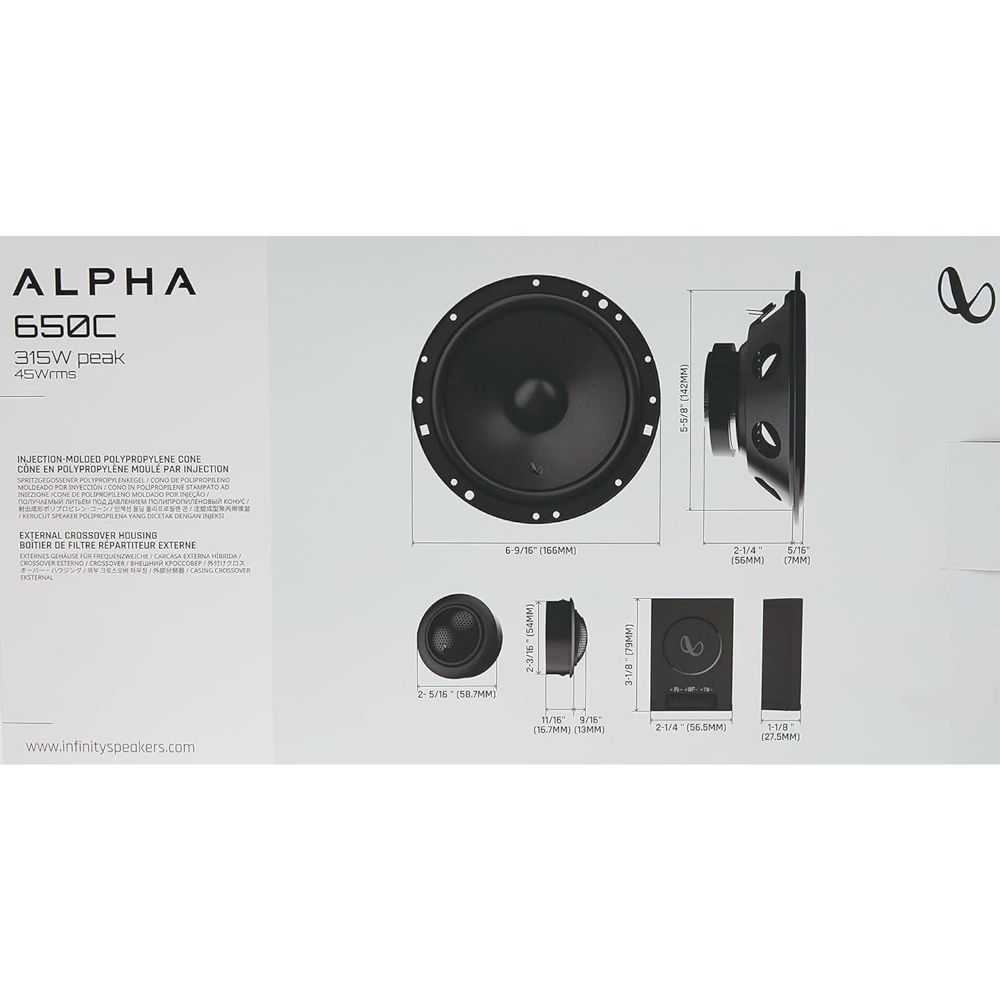 Infinity Car Component Speaker with Grille | Alpha 650C | Peak Power - 315W | RMS Power - 45W | Wired 6.5 Inch 2-Way Component Car Speaker (Black)