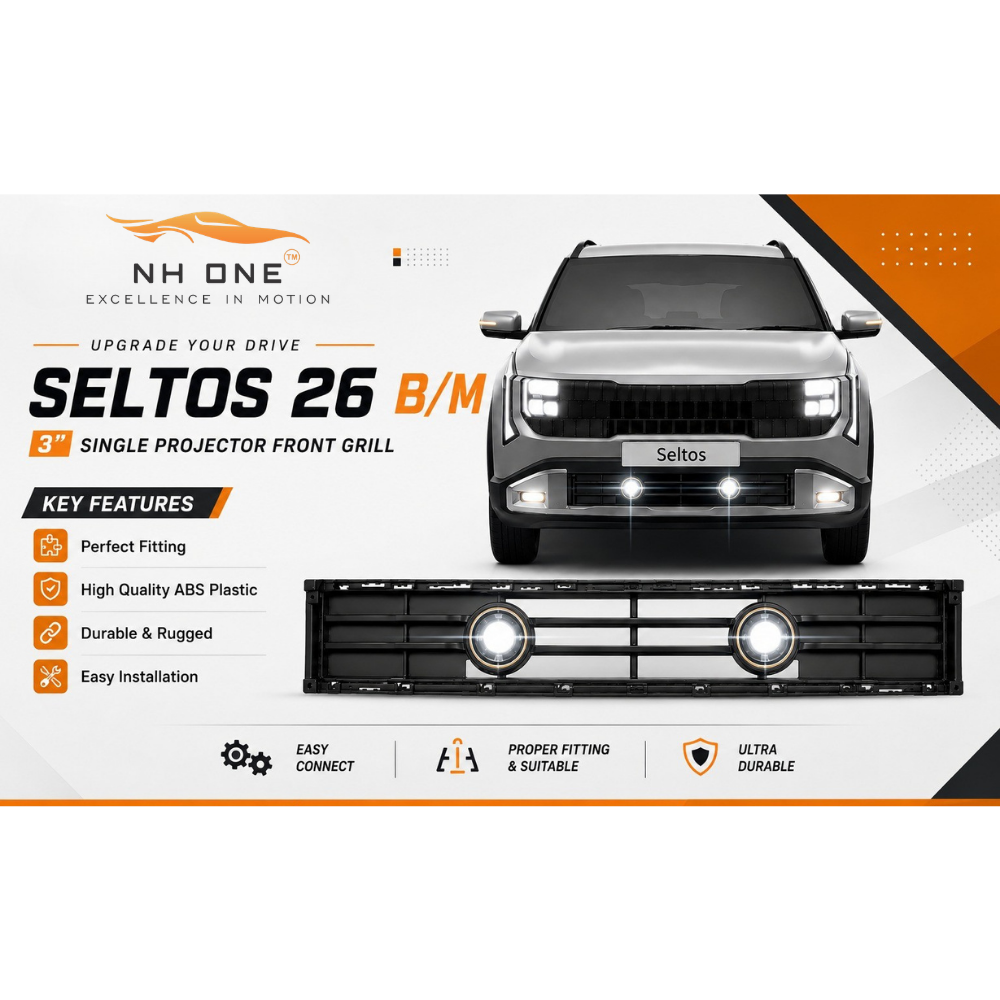 Fog Light Grill for Kia Seltos 2026 Base Model 3-Inch Single Projector Front Grill | ABS | Single 3-Inch LED / Bi-LED Compatible