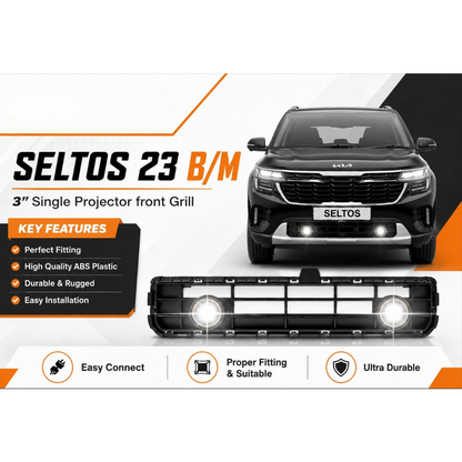 Fog Light Grill for Kia Seltos 2023 B/M 3" Single Projector Front Grill | ABS | Single 3-Inch LED / Bi-LED Compatible