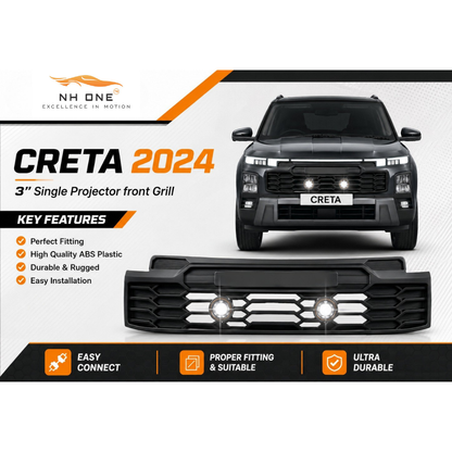 Fog Light Grill for Hyundai Creta 2024 3-Inch Single Projector Front Grill | ABS | Single 3-Inch LED / Bi-LED Compatible