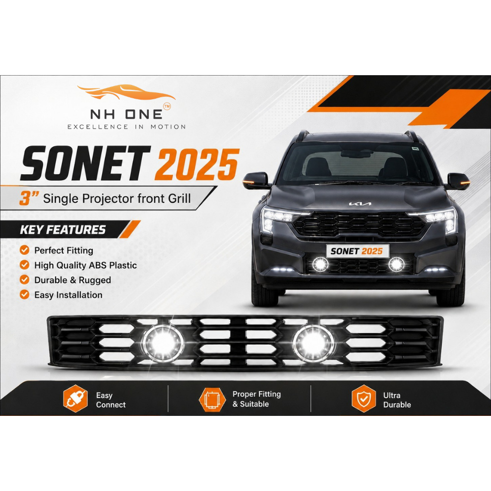 Fog Light Grill for Kia Sonet 2025 3-Inch Single Projector Front Grill | ABS | Single 3-Inch LED / Bi-LED Compatible