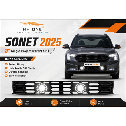 Fog Light Grill for Kia Sonet 2025 3-Inch Single Projector Front Grill | ABS | Single 3-Inch LED / Bi-LED Compatible