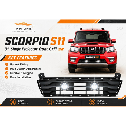 Fog Light Grill for Mahindra Scorpio S11 3-Inch Single Projector Front Grill | ABS | Single 3-Inch LED / Bi-LED Compatible