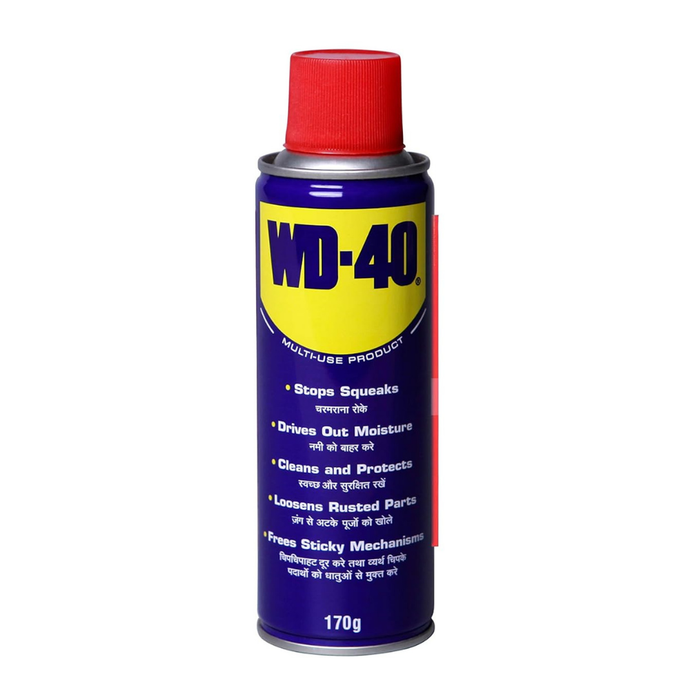 WD-40 multipurpose spray 170g can used for cleaning bike chains removing squeaks stains and lubricating metal parts for smooth performance