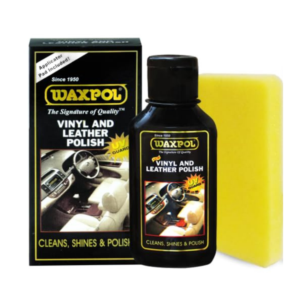Waxpol vinyl and leather polish 125ml used for cleaning shining and protecting car and bike seats dashboard leather goods jackets handbags wallets and belts