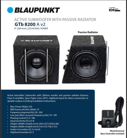 Blaupunkt GTb 8200 A v2 Active Subwoofer with Passive Radiator | 8" Powered Bass Tube | 225W Max Power