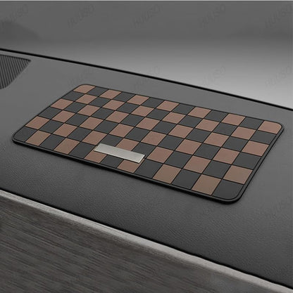car dashboard non slip mat checkered pattern black and brown anti skid grip surface for holding phone keys and small accessories safely in car interior dashboard
