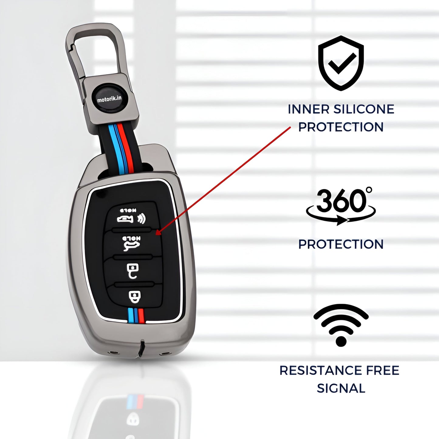 Premium Alloy Car Key Cover with 360° Protection, Inner Silicone Guard, Compatible with Hyundai 4-Button Smart Keys (Creta, i20, Venue, Elantra, Tucson)