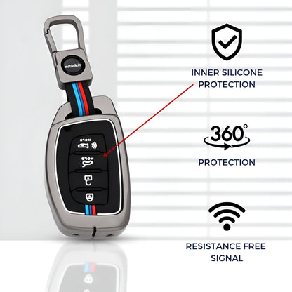 Premium Alloy Car Key Cover with 360° Protection, Inner Silicone Guard, Compatible with Hyundai 4-Button Smart Keys (Creta, i20, Venue, Elantra, Tucson)