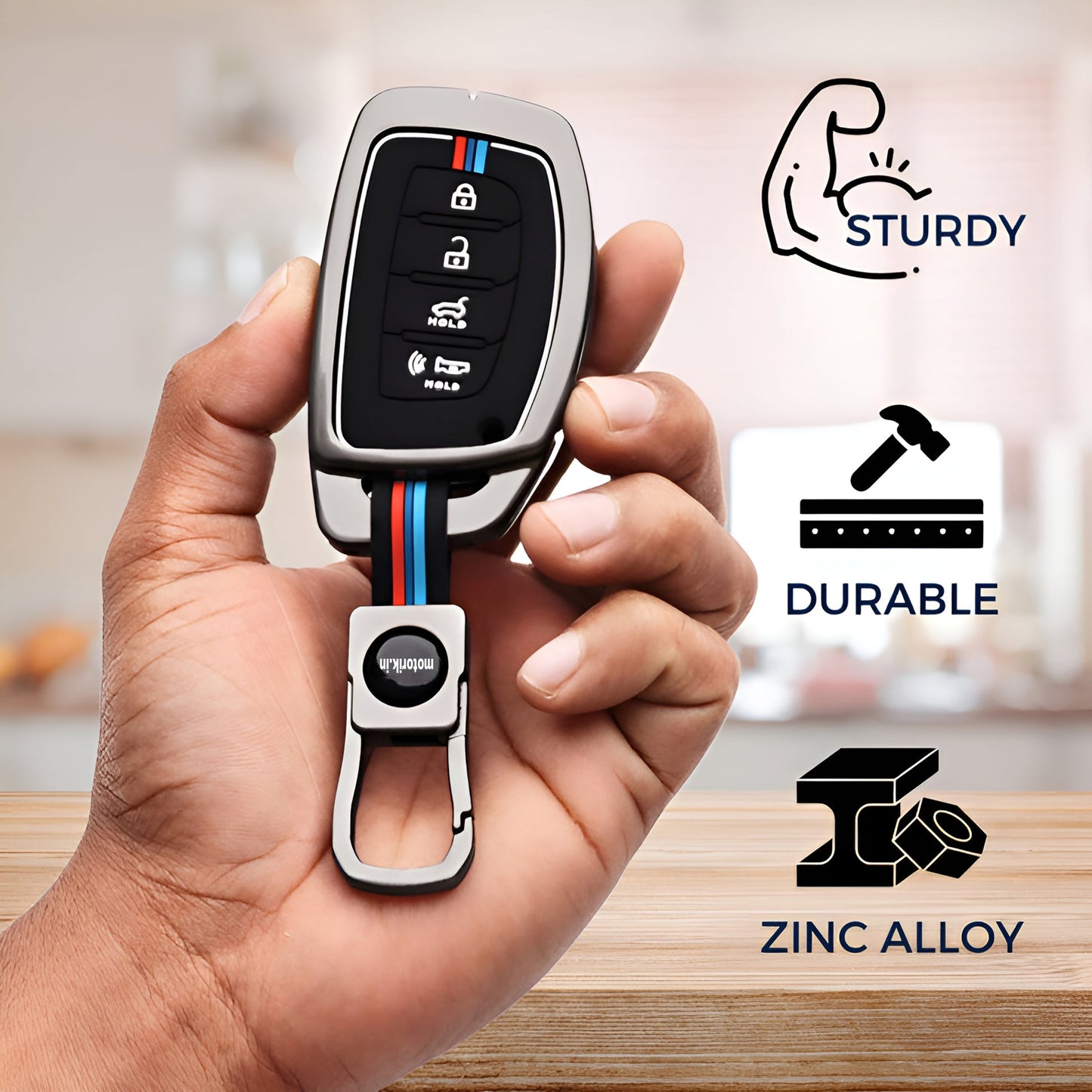 Premium Alloy Car Key Cover with 360° Protection, Inner Silicone Guard, Compatible with Hyundai 4-Button Smart Keys (Creta, i20, Venue, Elantra, Tucson)