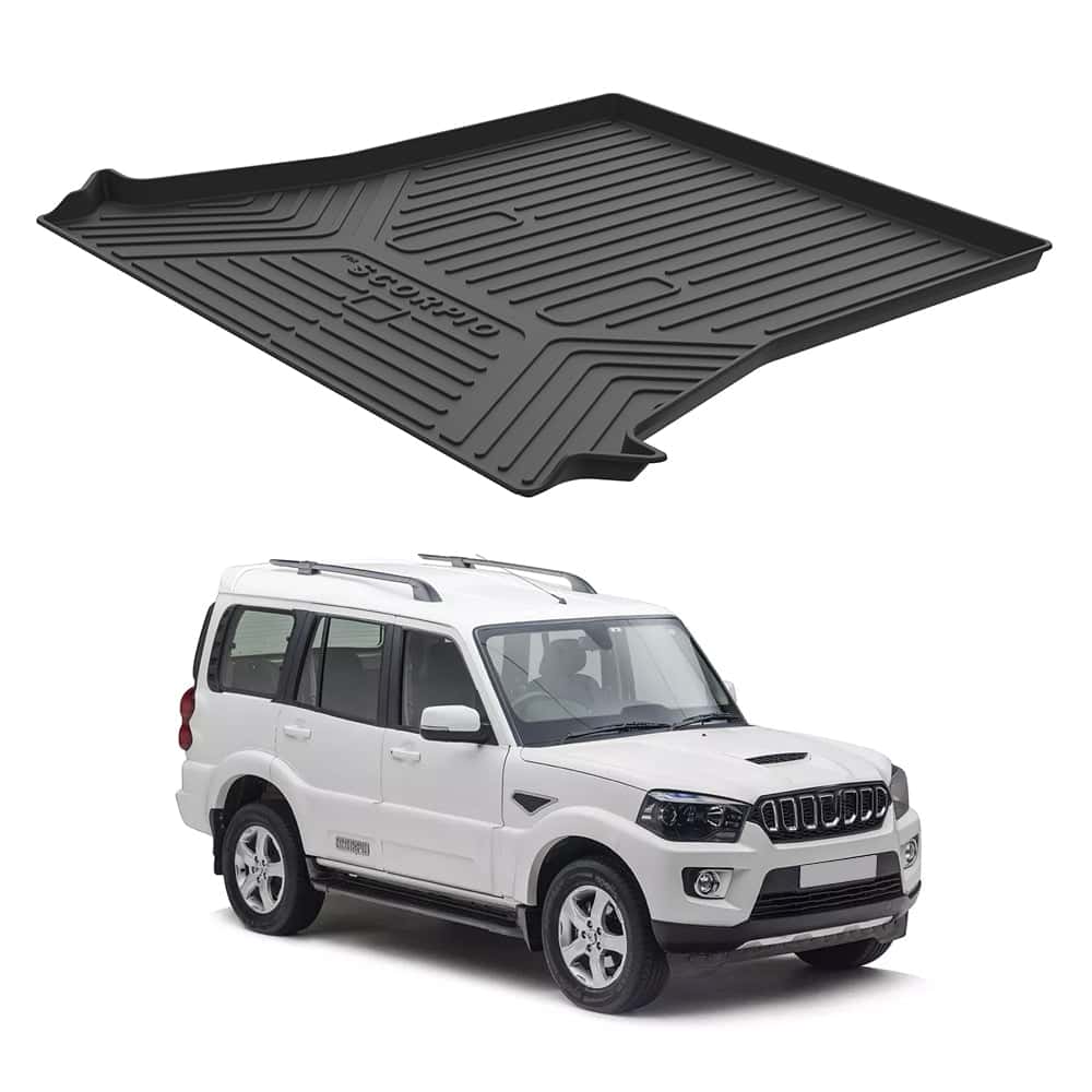 GFX sleek black waterproof dicky trunk mat for Mahindra Scorpio 2017 onwards, anti-slip all-weather car accessory.