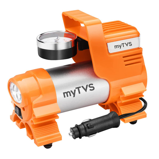 myTVS 100 PSI 12V car tyre inflator portable air pump with LED torch for emergency use fast and accurate tyre inflation for cars and roadside assistance