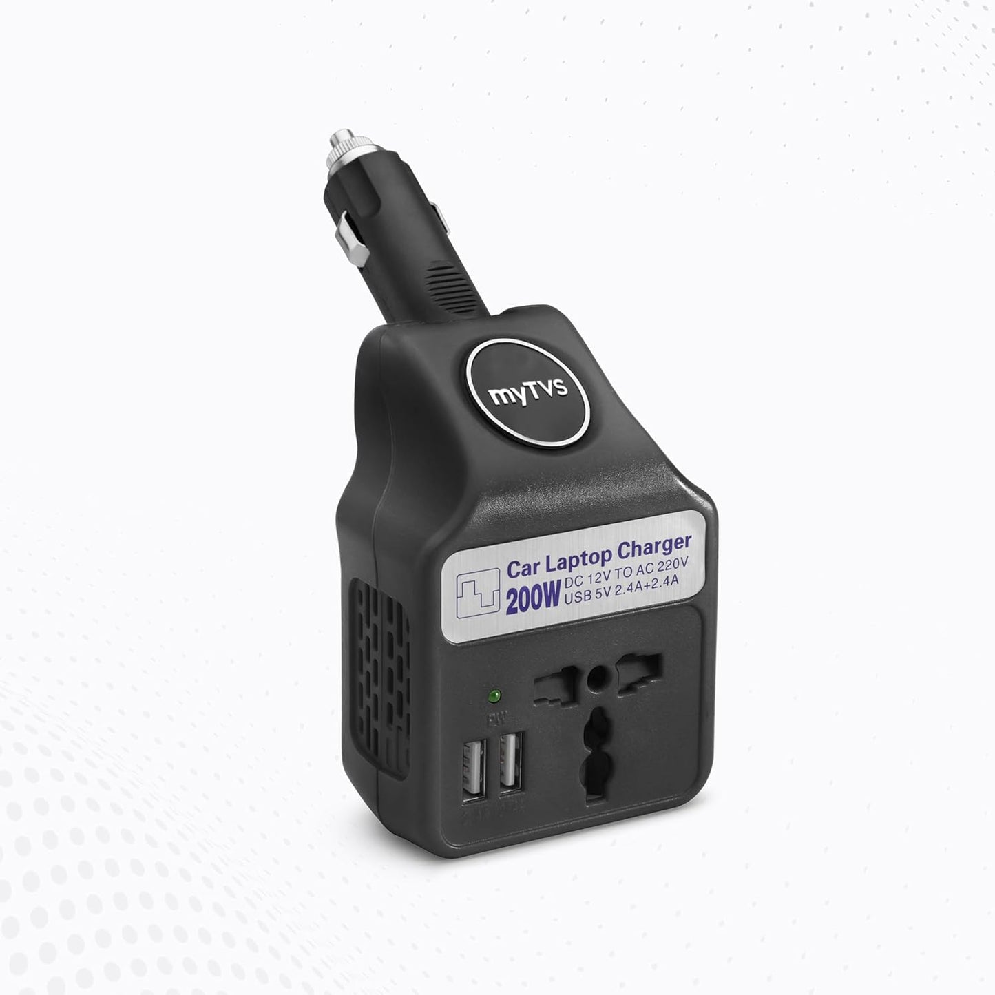 myTVS 200W car power inverter DC to AC converter 3 in 1 charger for laptop and mobile fast charging portable device with dual input output ports and protection system