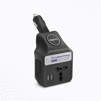 myTVS 200W car power inverter DC to AC converter 3 in 1 charger for laptop and mobile fast charging portable device with dual input output ports and protection system