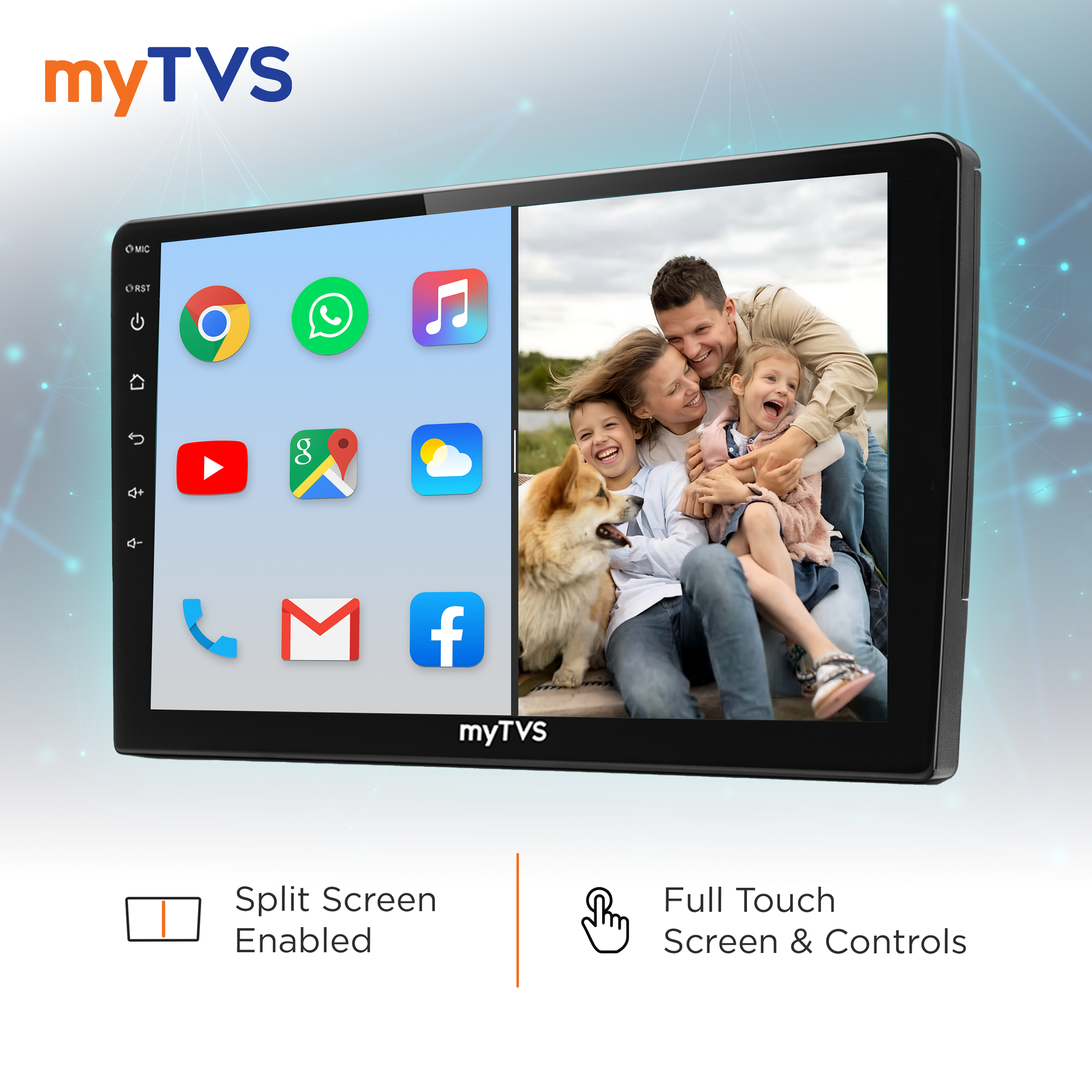 myTVS 9-inch Car Android Player with 2GB RAM, 64GB Memory, T5L Processor, and Apple CarPlay.